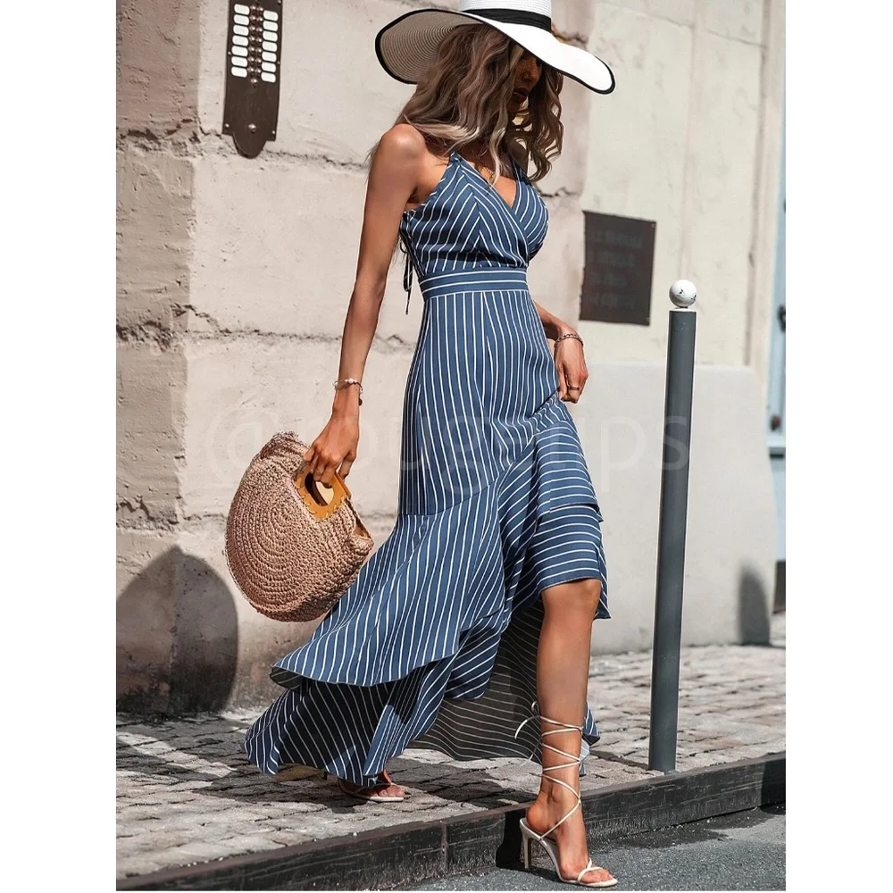 Striped Blue White V-Neck High Low Maxi Dress Sleeveless, Spaghetti Straps Flar - Picture 7 of 10
